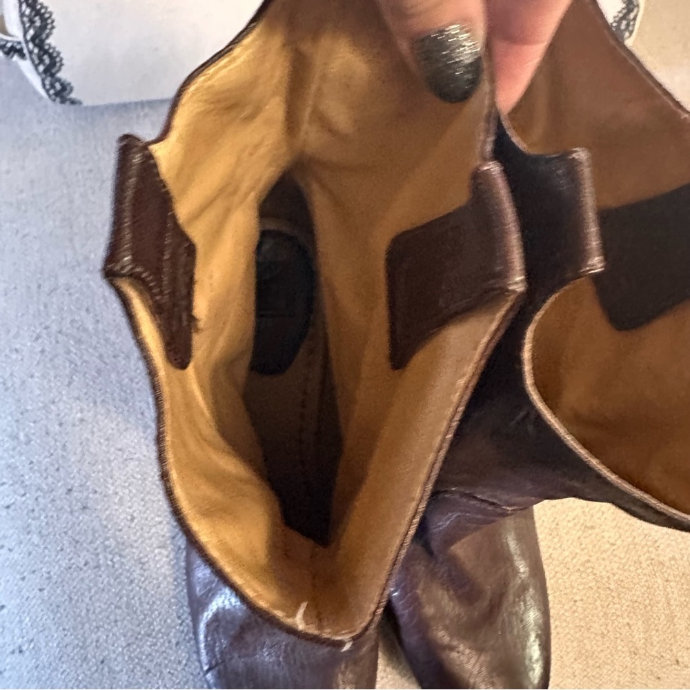 Frye Carson Mid Heel Dark Brown Leather Boots Pull On Vintage - Picture 9 of 10